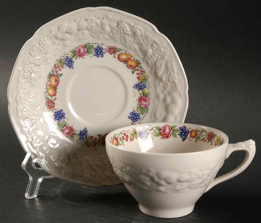 Florentine Garden (Colored Fruit) Flat Cup & Saucer Set by Crown Ducal-1