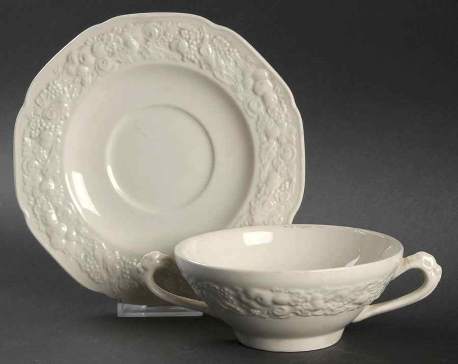 Florentine White Flat Cream Soup Bowl & Saucer Set by Crown Ducal-1