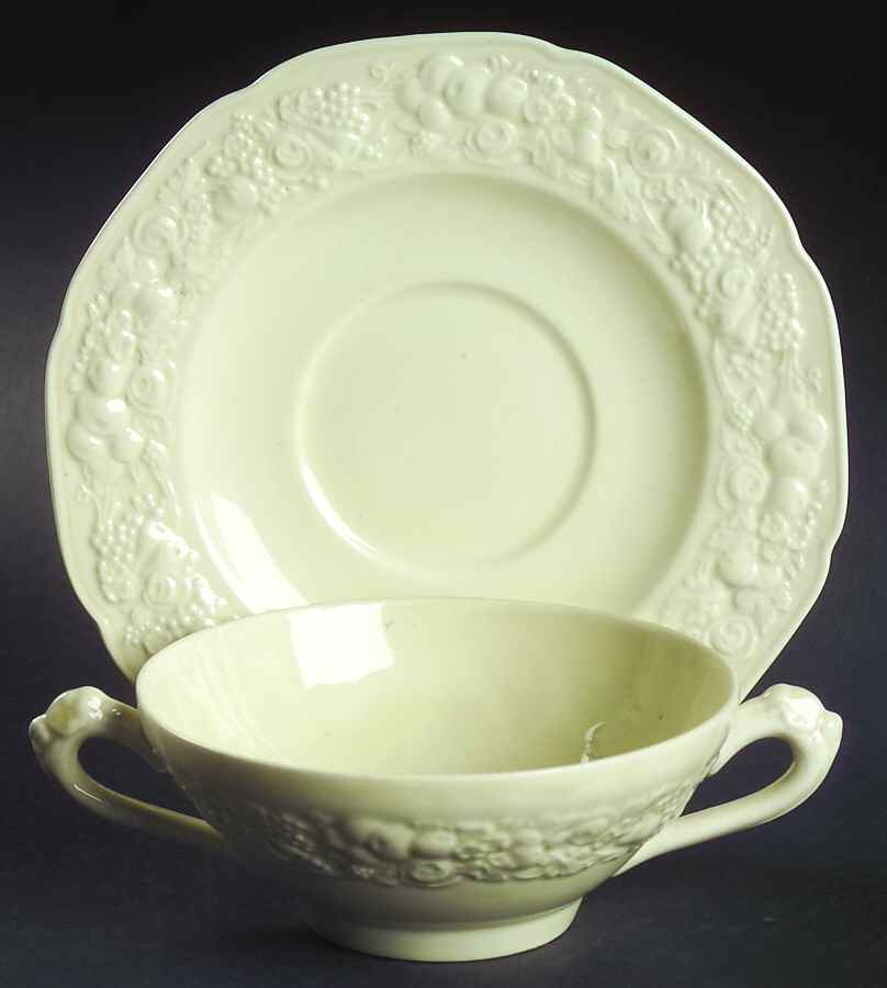 Florentine Dark Cream Flat Cream Soup Bowl & Saucer Set by Crown Ducal-1