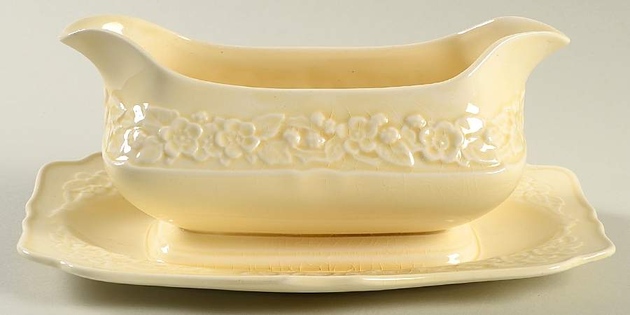 Gainsborough (All White)(Also A Shape) Gravy Boat with Attached Underplate by Crown Ducal-1