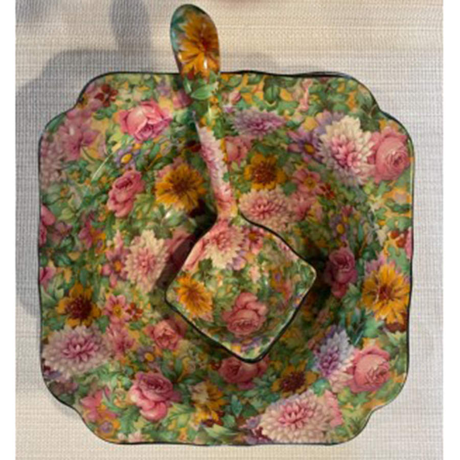 Pink Chintz (Black Trim) Mayonnaise & Ladle by Crown Ducal-1