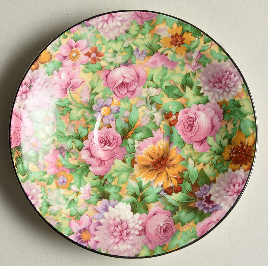 Pink Chintz (Black Trim) Saucer for Demitasse Cup by Crown Ducal-1
