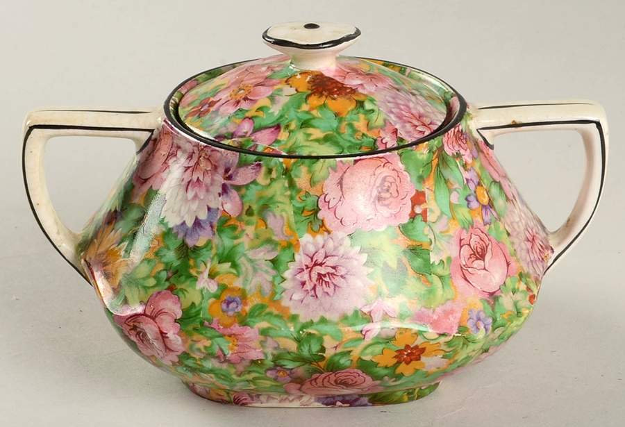 Pink Chintz (Black Trim) Sugar Bowl & Lid by Crown Ducal-1