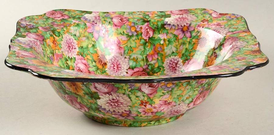 Pink Chintz (Black Trim) 8" Square Vegetable Bowl by Crown Ducal-1