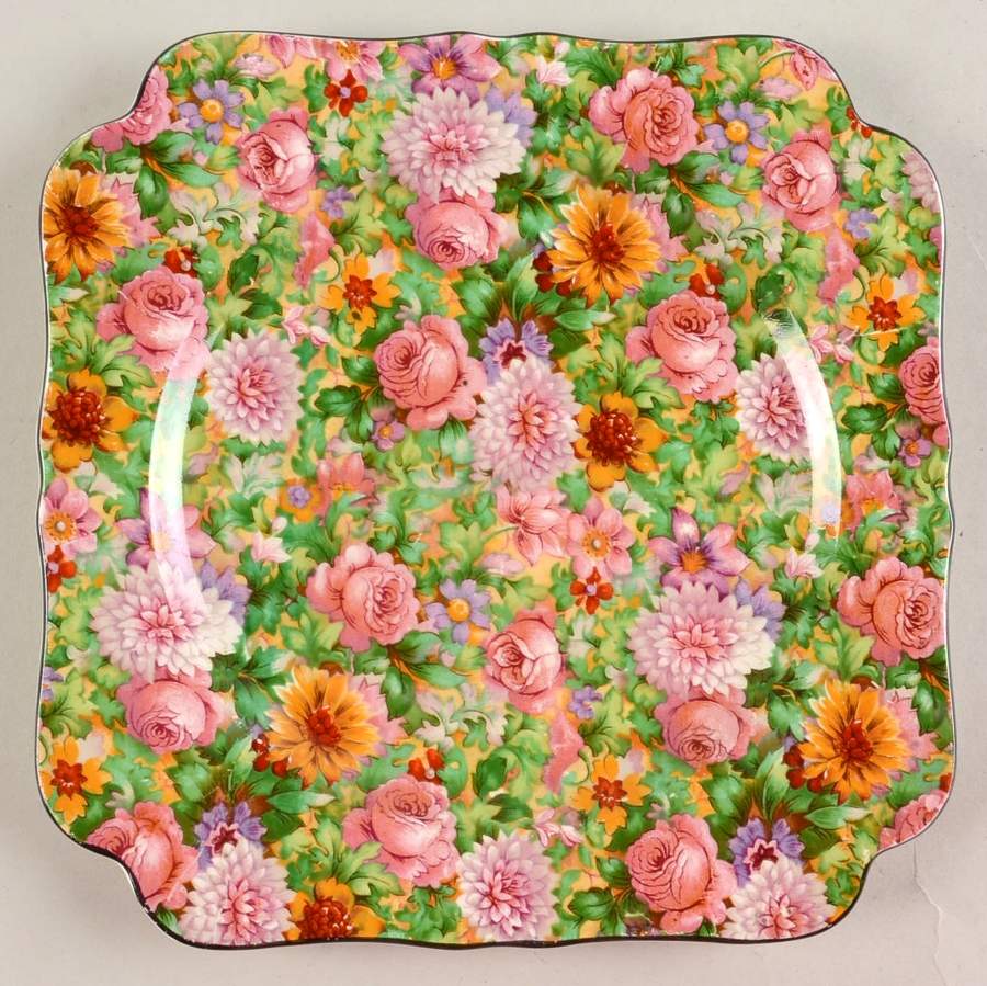 Pink Chintz (Black Trim) Square Salad Plate by Crown Ducal-1