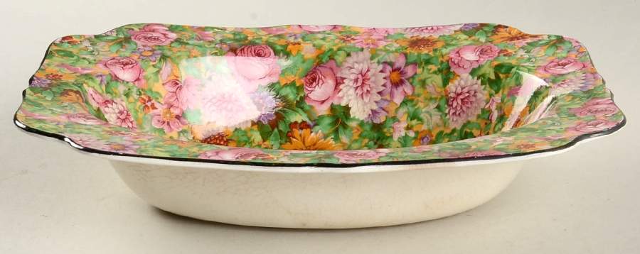 Pink Chintz (Black Trim) 9" Oval Vegetable Bowl by Crown Ducal-1