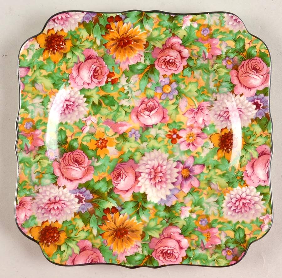 Pink Chintz (Black Trim) Square Bread & Butter Plate by Crown Ducal-1