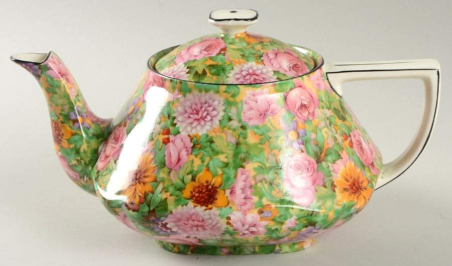 Pink Chintz (Black Trim) Mini Teapot & Lid by Crown Ducal-1