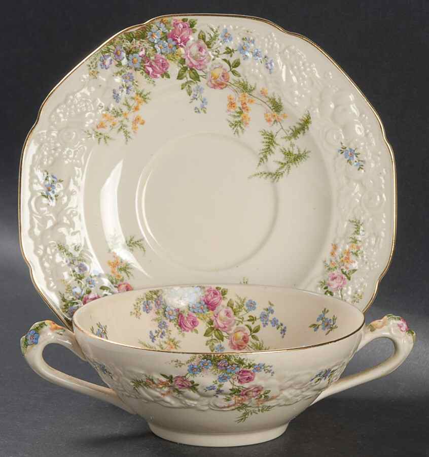 Rosalie Flat Cream Soup Bowl & Saucer Set by Crown Ducal-1