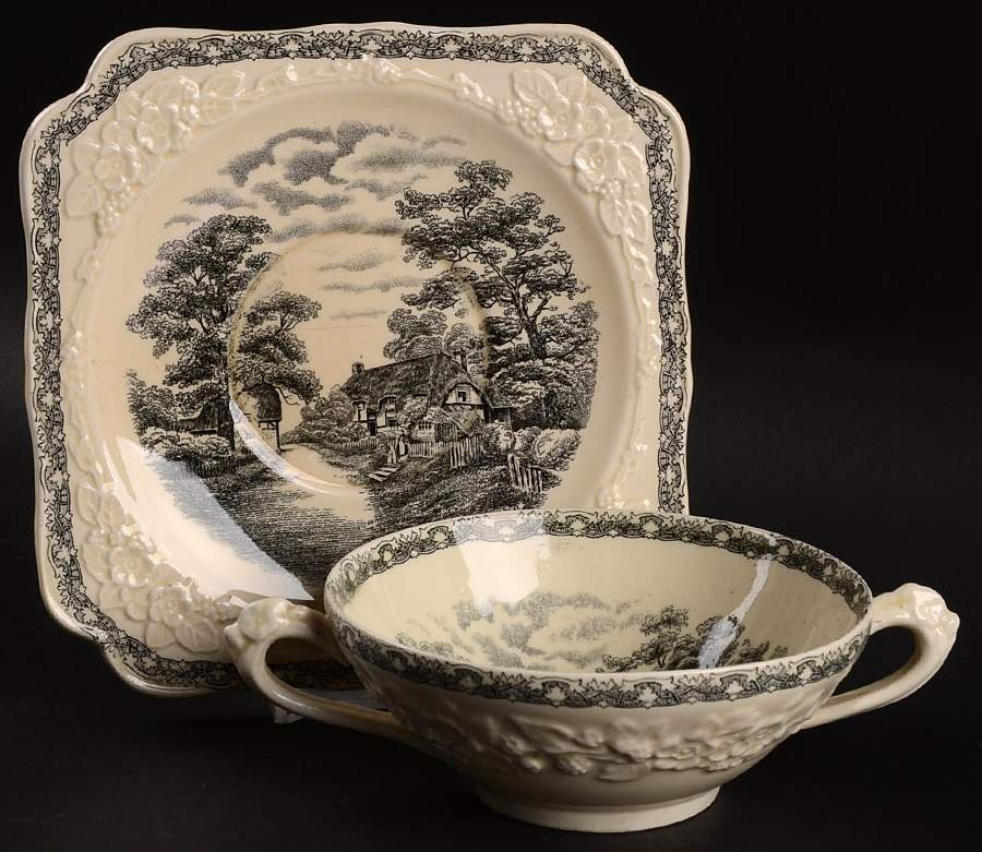 Rural England Flat Cream Soup Bowl & Saucer Set by Crown Ducal-1