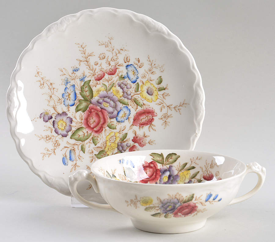 Wilmslow Brown Multicolor Flat Cream Soup Bowl & Saucer Set by Crown Ducal-1