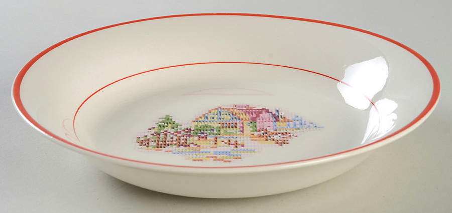 Petit Point House (Red Trim & Verge) Coupe Soup Bowl by Crooksville-1