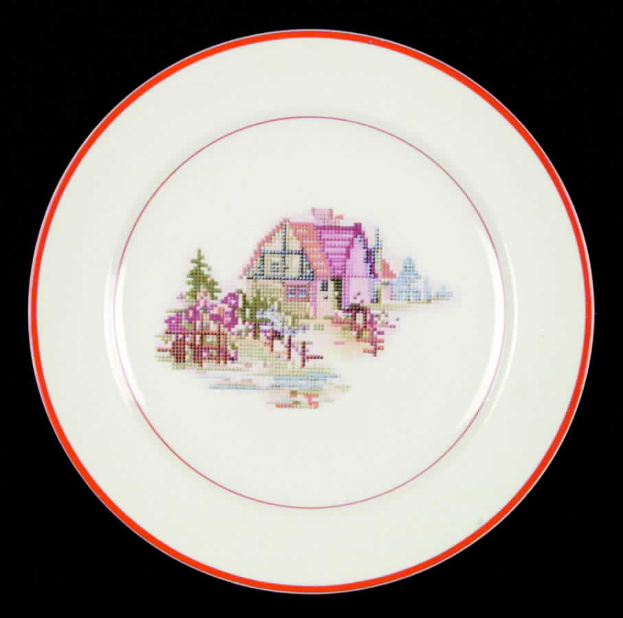 Petit Point House (Red Trim & Verge) Dinner Plate by Crooksville-1
