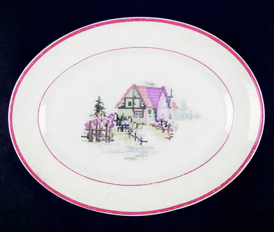 Petit Point House (Red Trim & Verge) 11" Oval Serving Platter by Crooksville-1