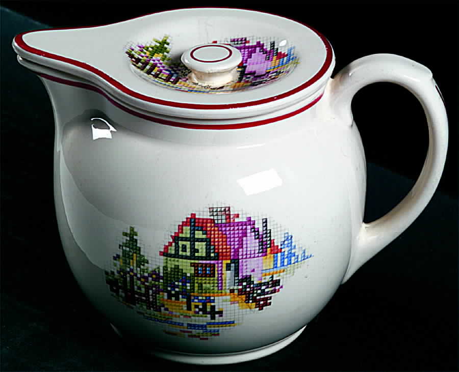 Petit Point House (Red Trim & Verge) Batter Jug with Lid by Crooksville-1