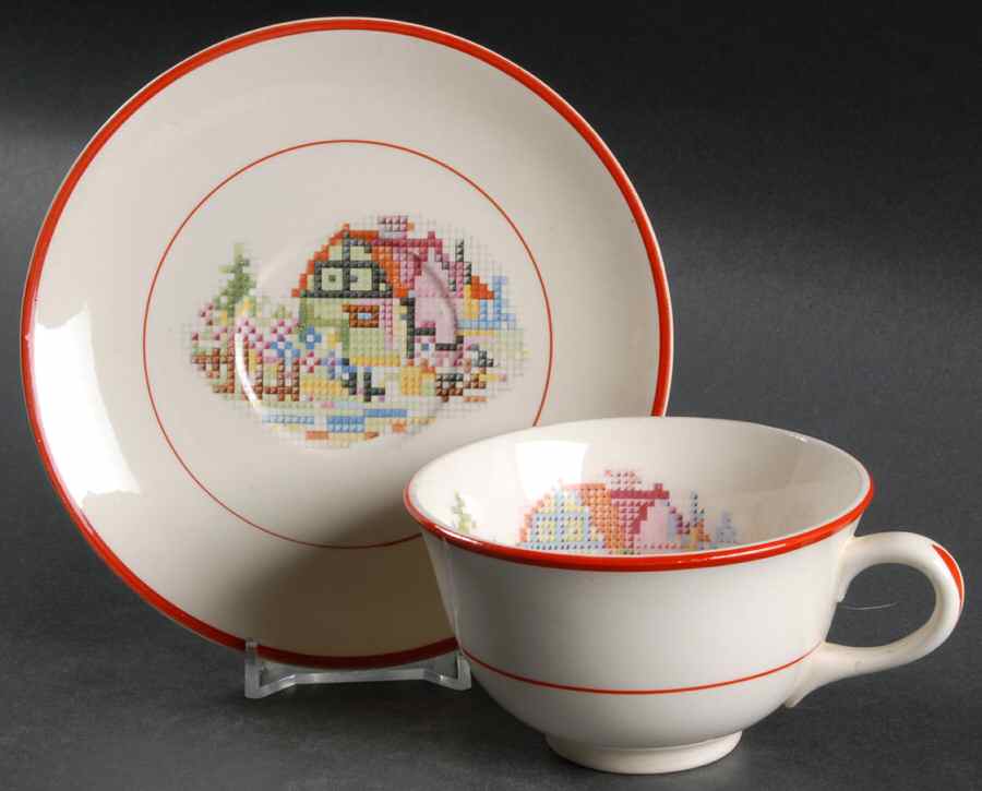 Petit Point House (Red Trim & Verge) Flat Cup & Saucer Set by Crooksville-1