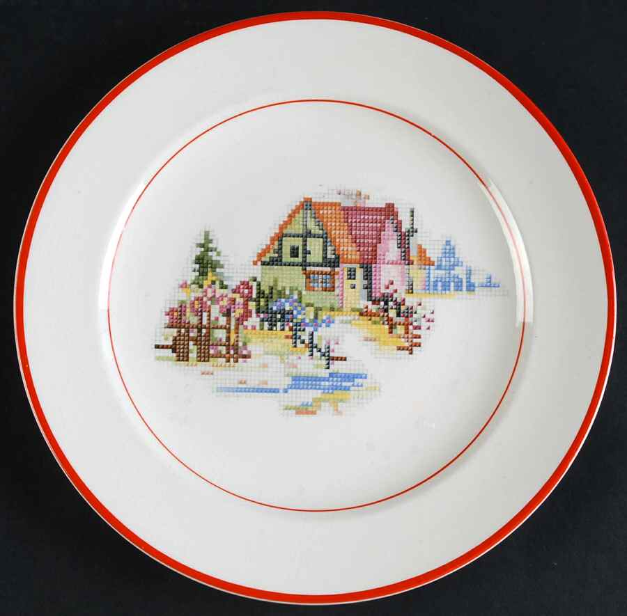Petit Point House (Red Trim & Verge) Luncheon Plate by Crooksville-1