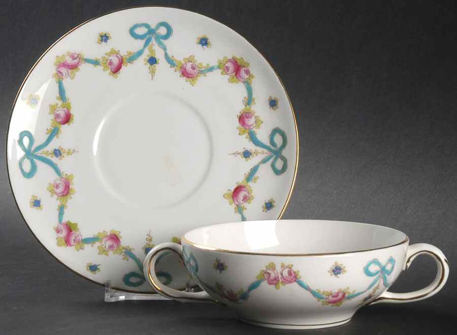 Blue Bow Flat Cream Soup Bowl & Saucer Set by Crown Staffordshire-1