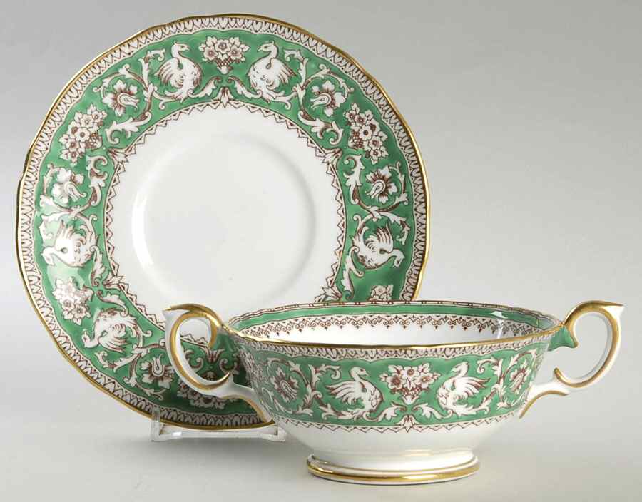 Ellesmere Green Footed Cream Soup Bowl & Saucer Set by Crown Staffordshire-1