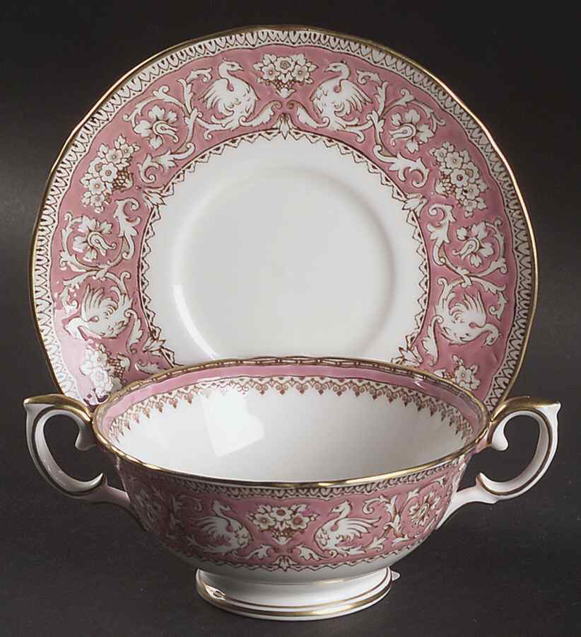 Ellesmere Pink Footed Cream Soup Bowl & Saucer Set by Crown Staffordshire-1