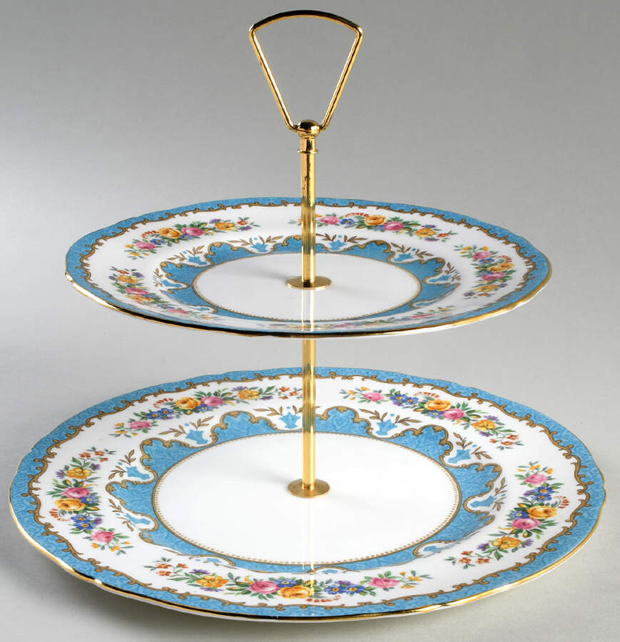 Lyric Tunis Blue (Embossed Line Rim) 2 Tiered Serving Tray (Dinner & Salad Plate) by Crown Staffordshire-1
