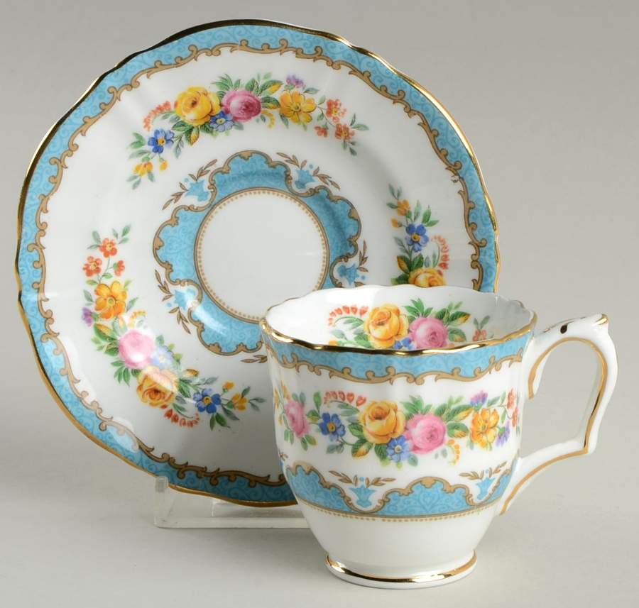 Lyric Tunis Blue (Embossed Line Rim) Footed Demitasse Cup & Saucer Set by Crown Staffordshire-1