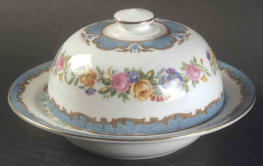 Lyric Tunis Blue (Embossed Line Rim) Mini Round Covered Butter by Crown Staffordshire-1