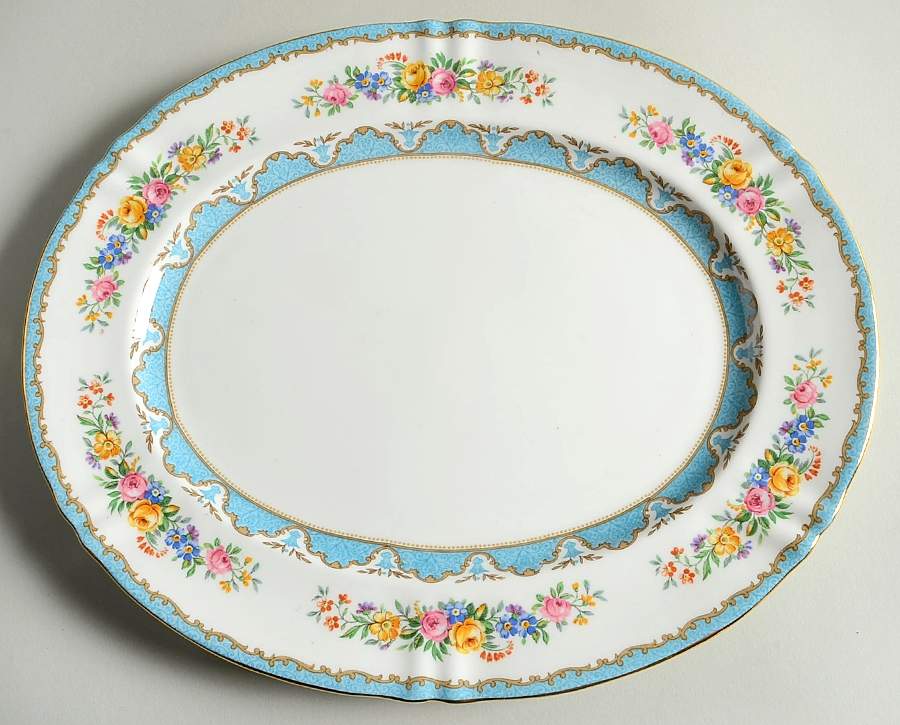 Lyric Tunis Blue (Embossed Line Rim) 15" Oval Serving Platter by Crown Staffordshire-1