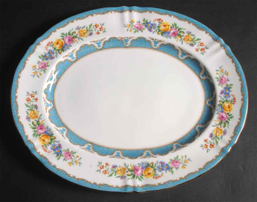 Lyric Tunis Blue (Embossed Line Rim) 11" Oval Serving Platter by Crown Staffordshire-1