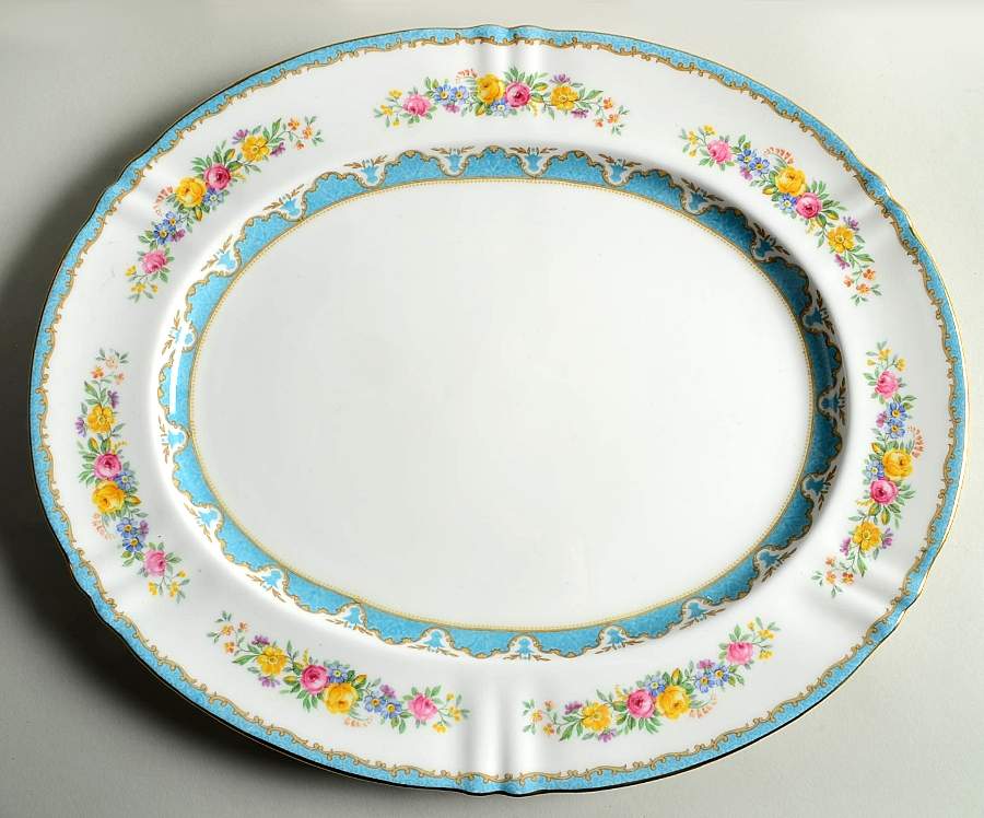 Lyric Tunis Blue (Embossed Line Rim) 13" Oval Serving Platter by Crown Staffordshire-1