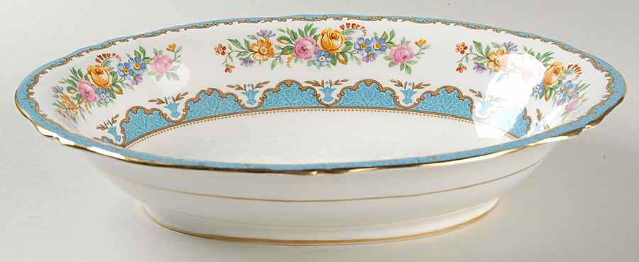 Lyric Tunis Blue (Embossed Line Rim) 10" Oval Vegetable Bowl by Crown Staffordshire-1