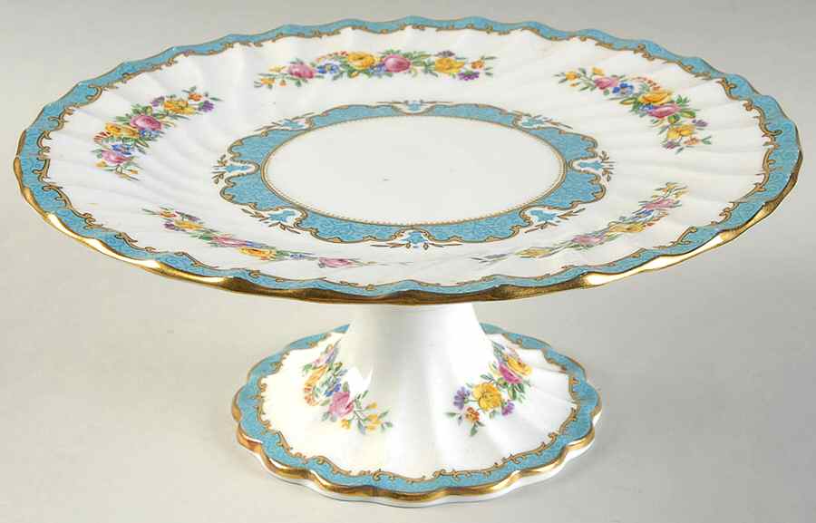 Lyric Tunis Blue (Embossed Line Rim) 9" Diameter Pedestal Cake Stand by Crown Staffordshire-1