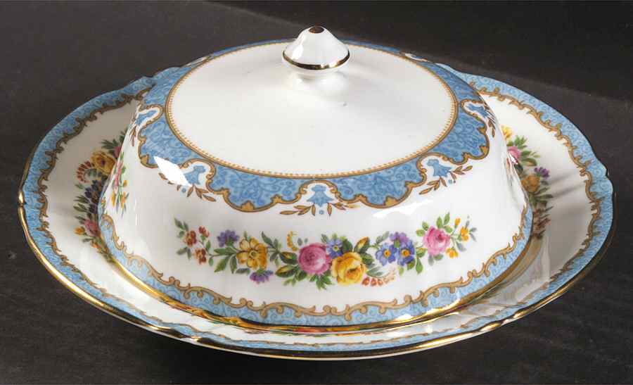 Lyric Tunis Blue (Embossed Line Rim) Round Covered Butter by Crown Staffordshire-1