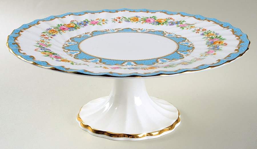 Lyric Tunis Blue (Embossed Line Rim) 10" Diameter Pedestal Cake Stand by Crown Staffordshire-1