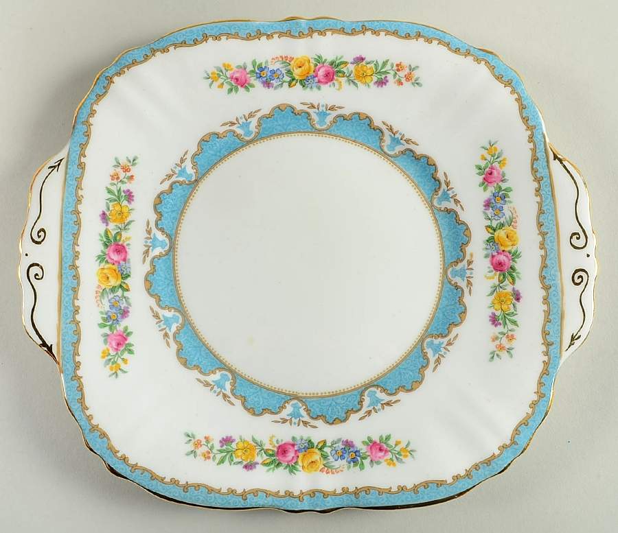 Lyric Tunis Blue (Embossed Line Rim) Square Handled Cake Plate by Crown Staffordshire-1
