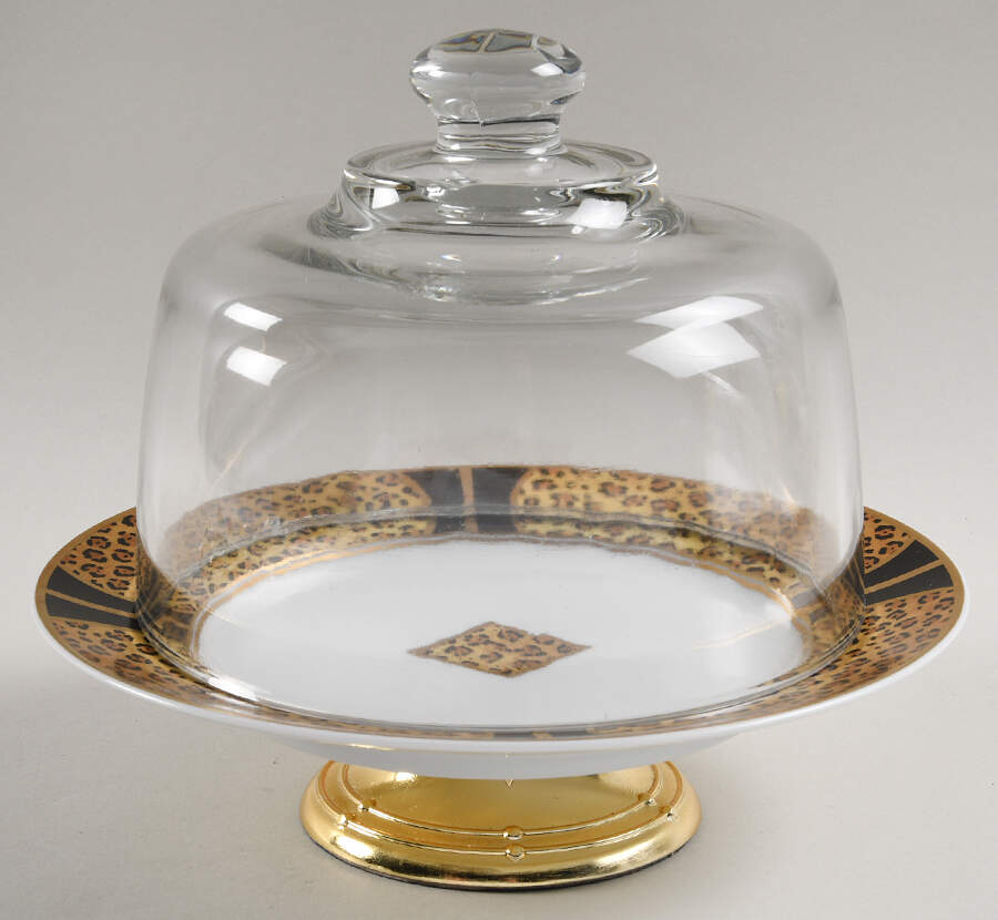 Amazonian Jaguar 6 1/2"-7 1/2" Footed Cheese Plate w/ Glass Dome HC by Lynn Chase-1