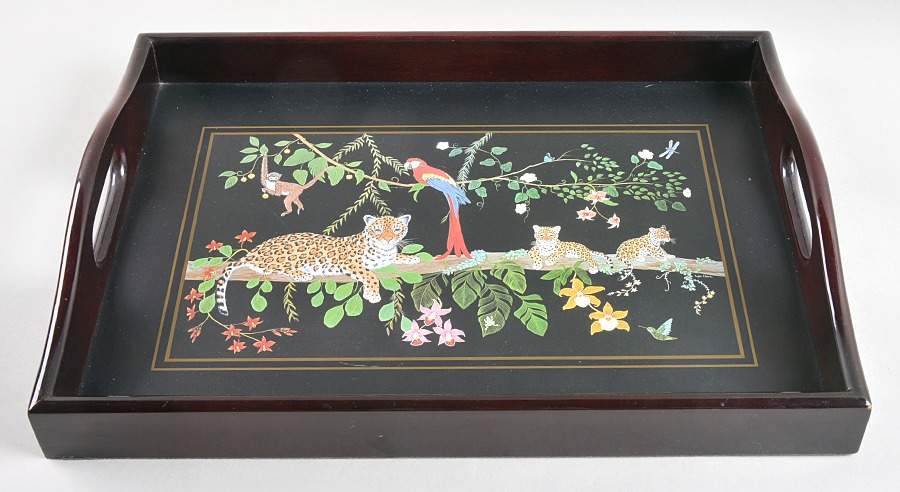 Jaguar Jungle Wood Rectangular Handled Tray by Lynn Chase-1