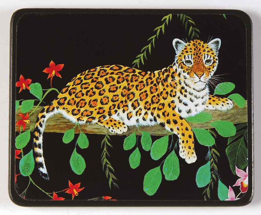 Jaguar Jungle Green Border Square Wood Coaster W/Felt Back by Lynn Chase-1