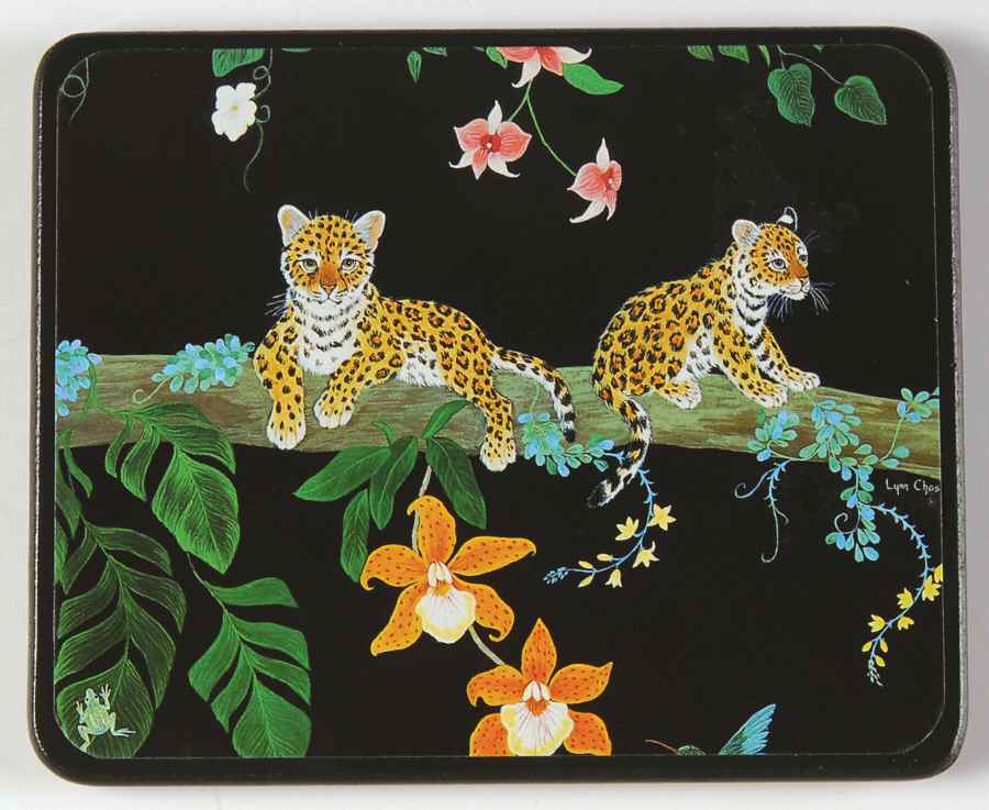 Jaguar Jungle Green Border Square Wood Coaster W/Felt Back by Lynn Chase-1
