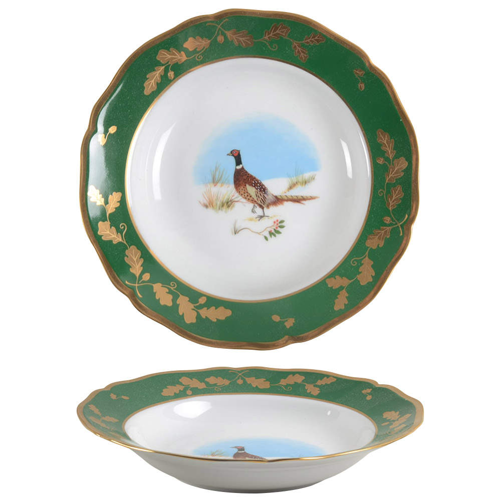 Winter Game Birds Green Large Rim Soup Bowl by Lynn Chase-1