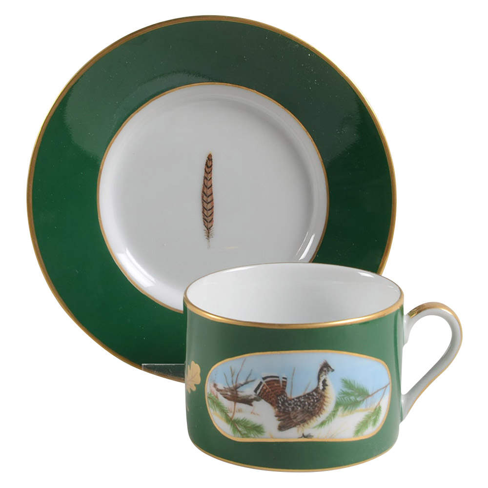 Winter Game Birds Green Flat Cup & Saucer Set by Lynn Chase-1