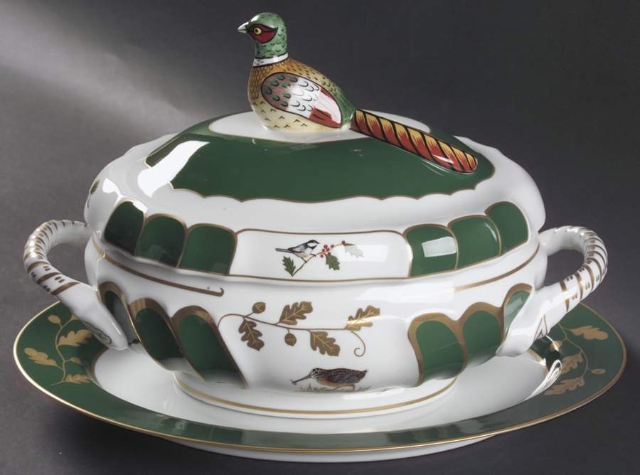 Winter Game Birds Green Tureen & Lid w/Underplate by Lynn Chase-1