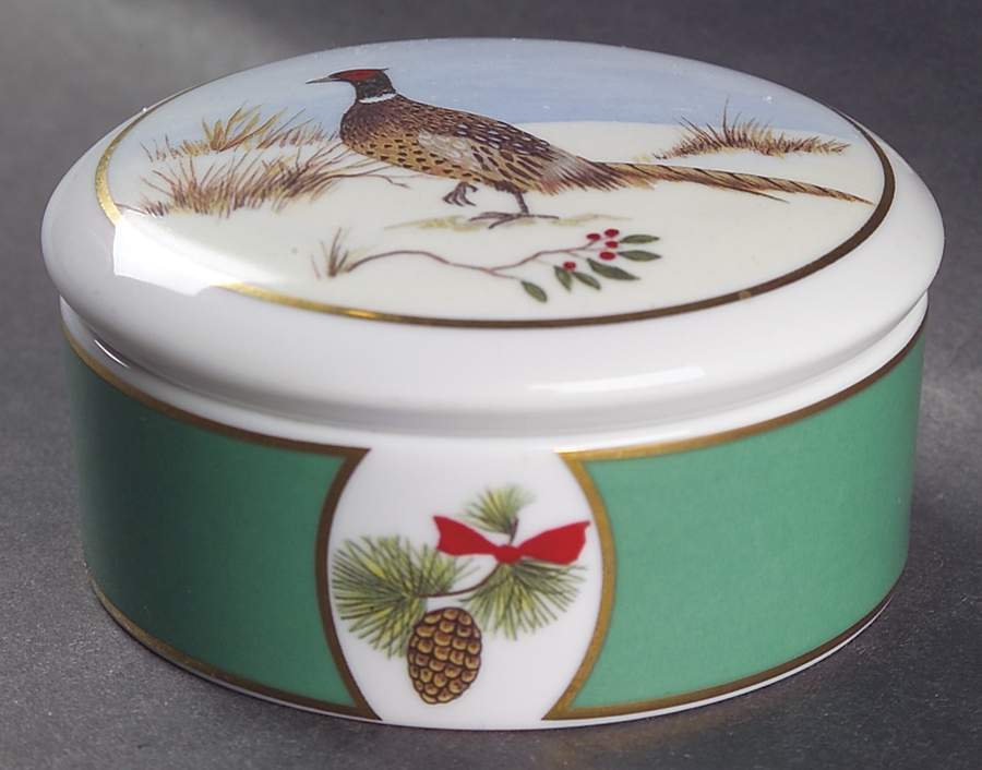 Winter Game Birds Green Round Box & Lid by Lynn Chase-1