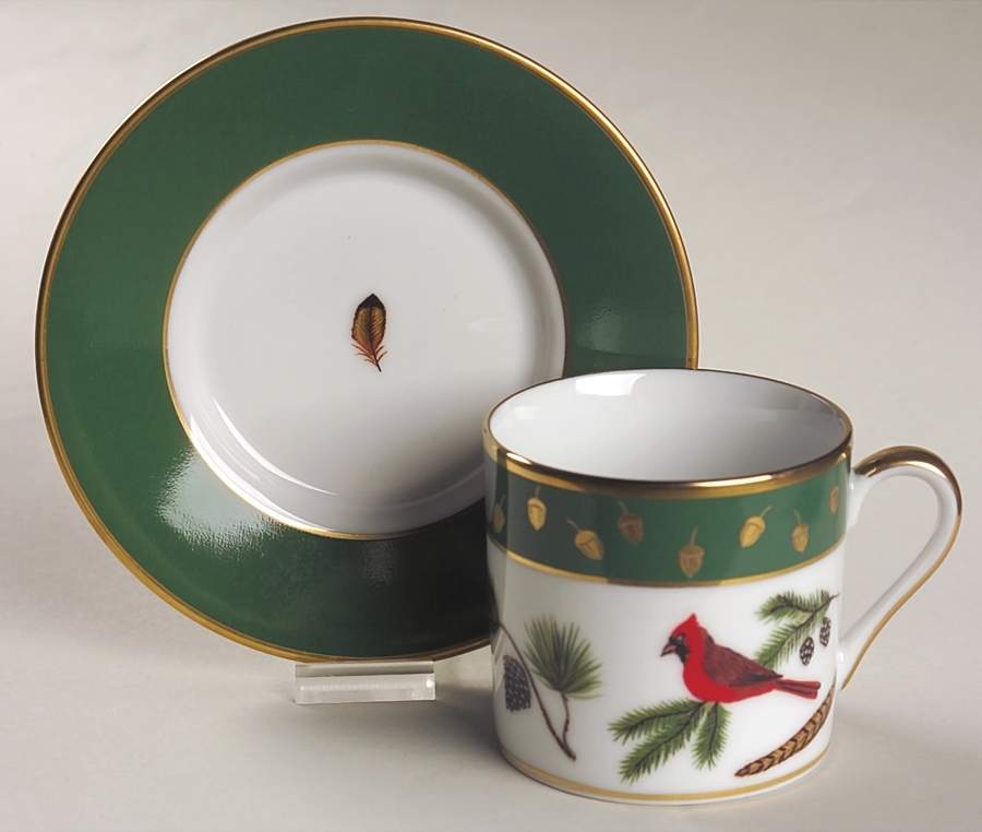 Winter Game Birds Green Flat Demitasse Cup & Saucer Set by Lynn Chase-1