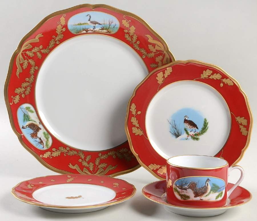 Winter Game Birds Red 5 Piece Place Setting by Lynn Chase-1