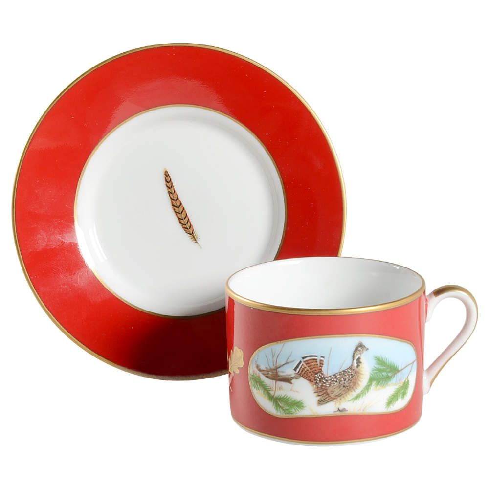 Winter Game Birds Red Flat Cup & Saucer Set by Lynn Chase-1