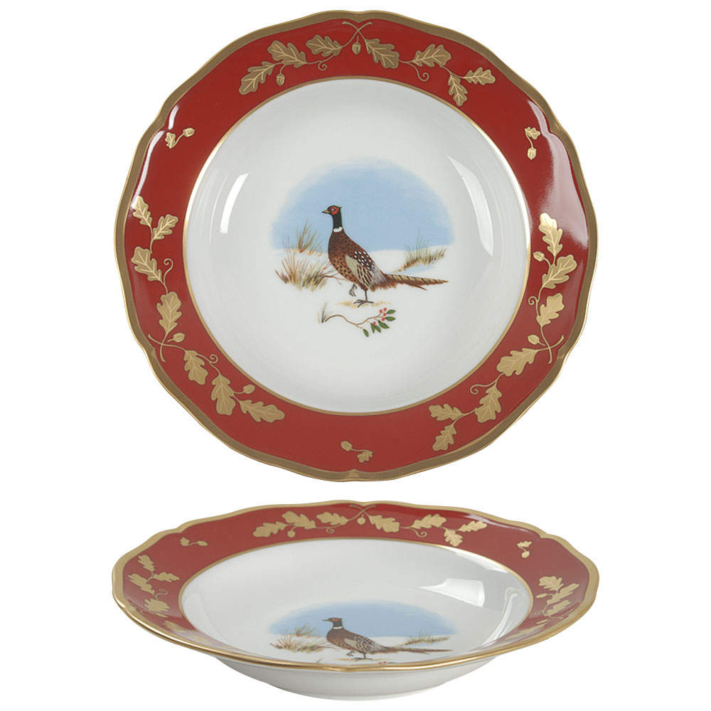 Winter Game Birds Red Large Rim Soup Bowl by Lynn Chase-1