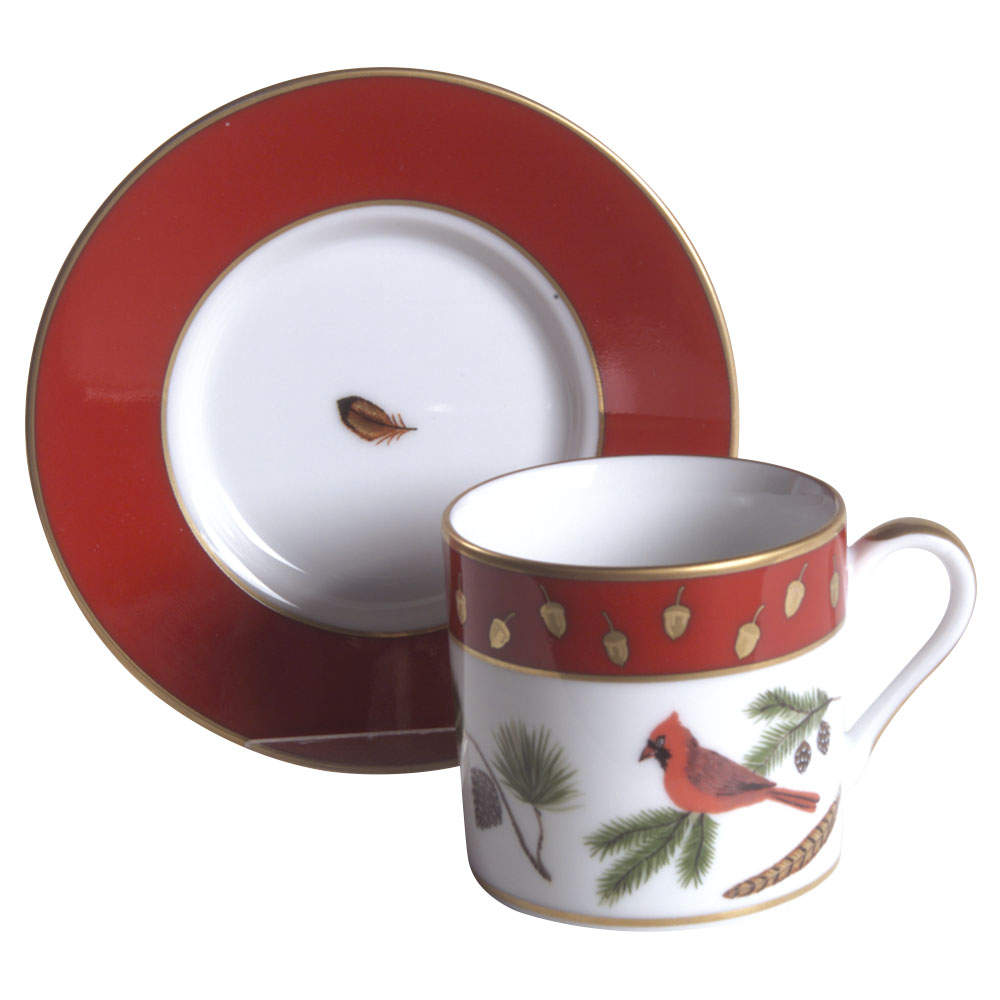 Winter Game Birds Red Flat Demitasse Cup & Saucer Set by Lynn Chase-1