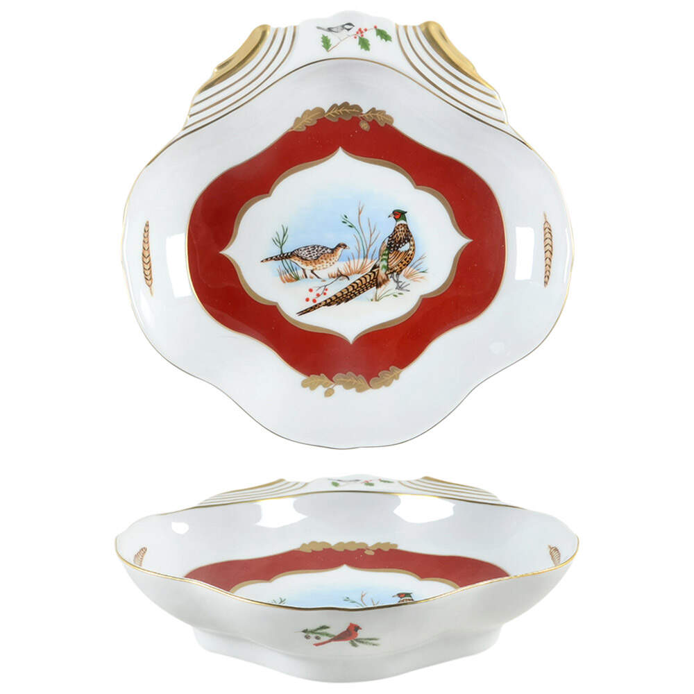 Winter Game Birds Red 8" Shell Shaped Dish by Lynn Chase-1