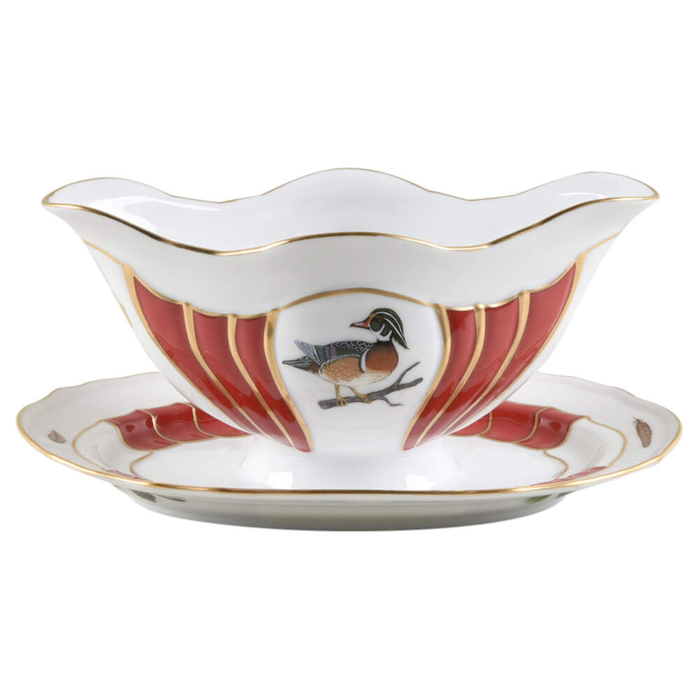 Winter Game Birds Red Gravy Boat with Attached Underplate by Lynn Chase-1